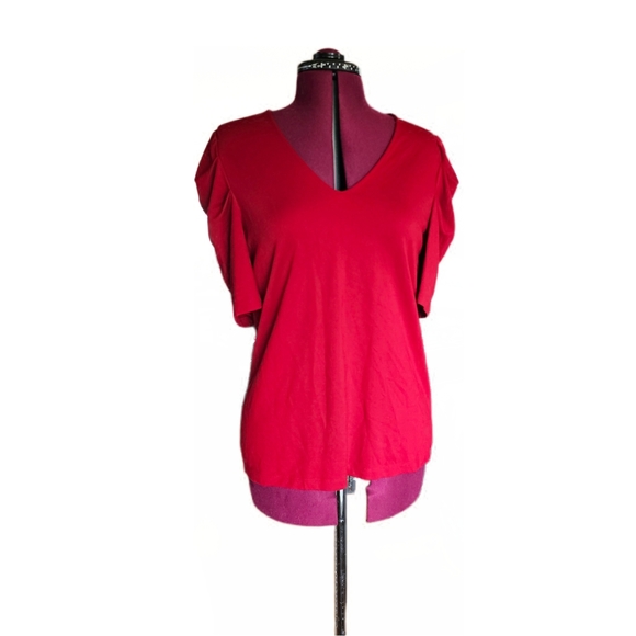Vibrant Red Ruffled Layered Short Sleeve  V Neck Top Womems Medium - Picture 1 of 16